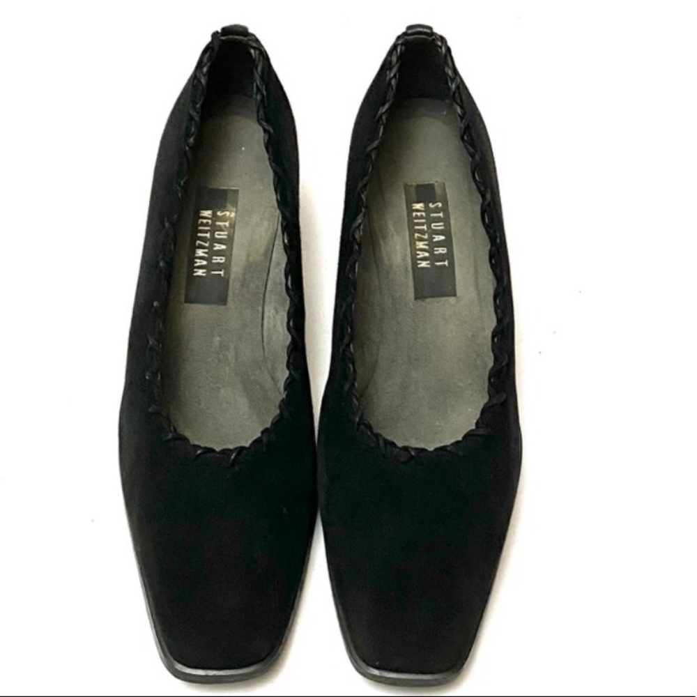 Stuart Weitzman Bixby Black Suede Cross Stitching Block Heel Shoe - Picture 3 of 8